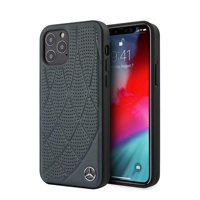 Mercedes-Benz Genuine Leather Hard Case Quilted Perforated Leather and Metal Star Logo for iPhone 12 / 12 Pro (6.1") - Abyss Blue - SW1hZ2U6MzA5MzE5