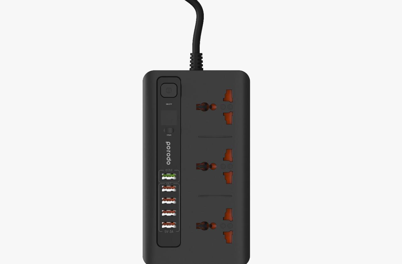محول كهرباء مع 5 مداخل USB و يدعم الشحن السريع  Porodo 3 Universal Power Sockets