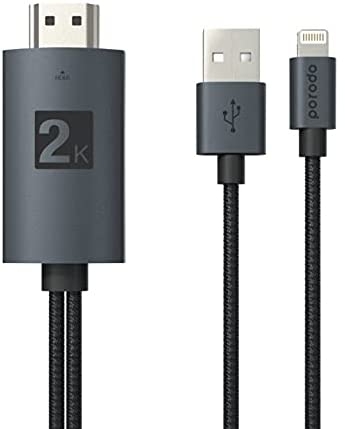 وصلة بروجكتر للايفون 2 متر تدعم 2K Porodo Braided 2K HDMI to Lightning Cable - 1}