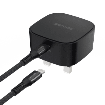 شاحن موبايل لون أسود Porodo Fast Wall Charger with Type-C to Lightning Cable 1.2m - 1}