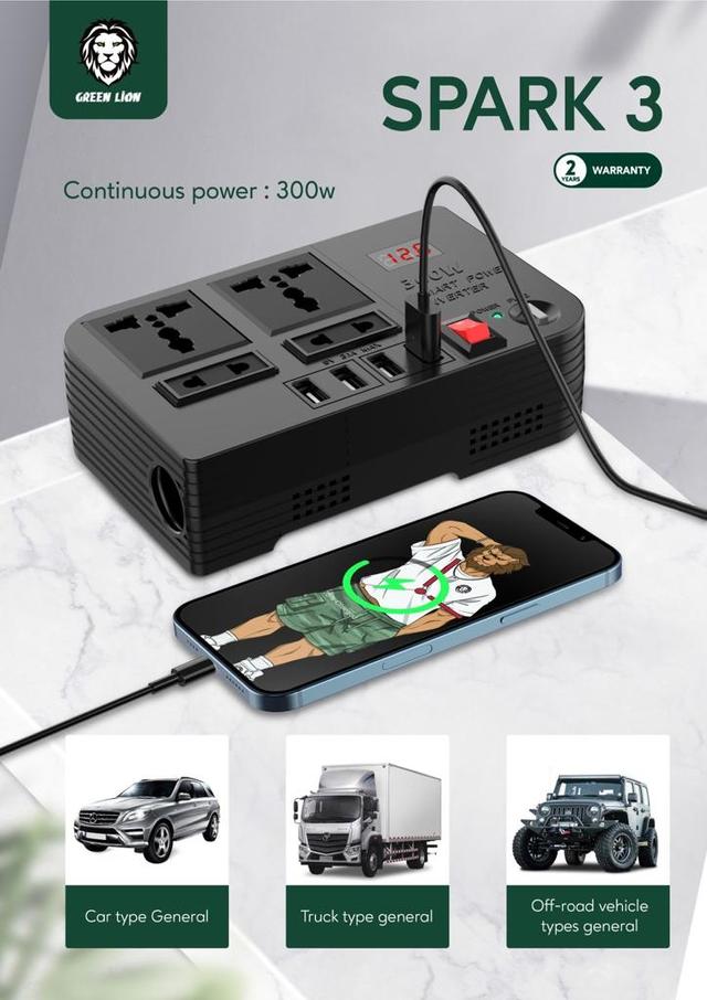 Green Lion Green Spark 3 Power Inverter 300W - Black - SW1hZ2U6MzM1ODY5