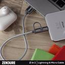 كيبل شحن ايفون من USB الى Micro + Lightning  لون فضي Micro + Lightning Cable - Zendure - SW1hZ2U6MzMyMjc5