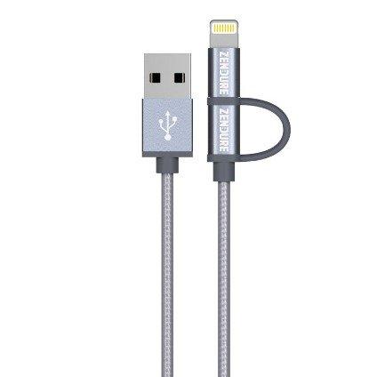 كيبل شحن ايفون من USB الى Micro + Lightning  لون فضي Micro + Lightning Cable - Zendure - SW1hZ2U6MzMyMjc3