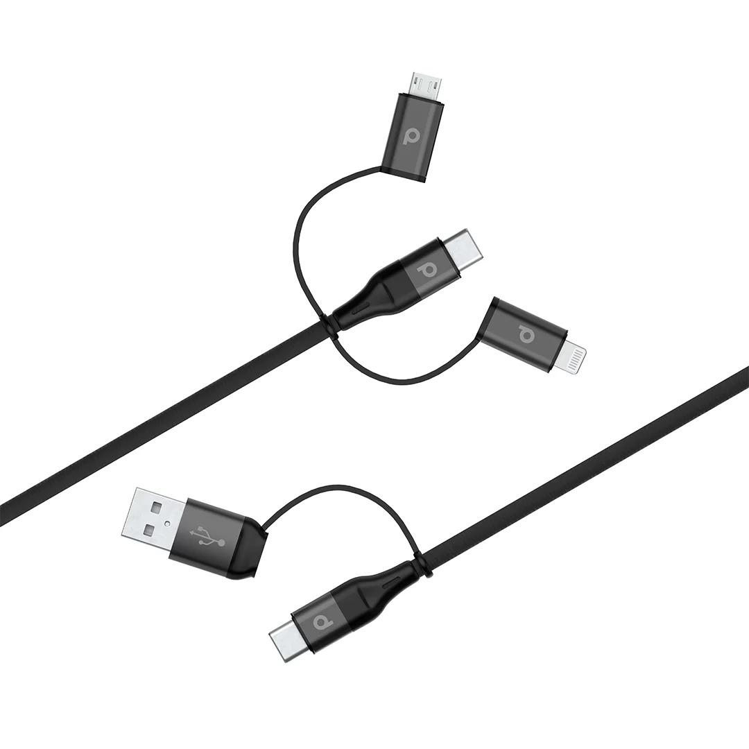 وصلة شحن المينيوم متعددة المنافذ ( Lightning / Micro USB / Type-C / USB-A ) أسود | Porodo All in One Aluminum Braided