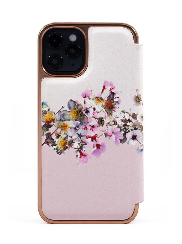 Ted Baker iPhone 12 Mini Mirror Folio Case - Elegant Book Case w/ Built-in Mirror, Wireless Charging Compatible, Women/Girls Phone Case - Jasmine Pink Rose Gold - SW1hZ2U6MzU5MTc5