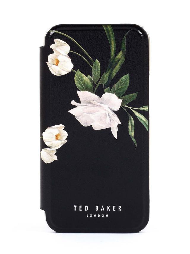 Ted Baker iPhone 12 / 12 Pro Mirror Folio Case - Elegant Book Case w/ Built-in Mirror, Wireless Charging Compatible, Women/Girls Phone Case - Elder Flower Black Silver - SW1hZ2U6MzU5MjE5