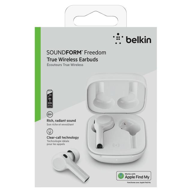 سماعات ايربود بخاصية تتبع ENC - أبيض -  FREEDOM True Wireless Earbuds - Bluetooth Earphone Works w/ Apple Find My, Bass, Advanced Noise Reduction - Belkin - SW1hZ2U6MzU5Njc2