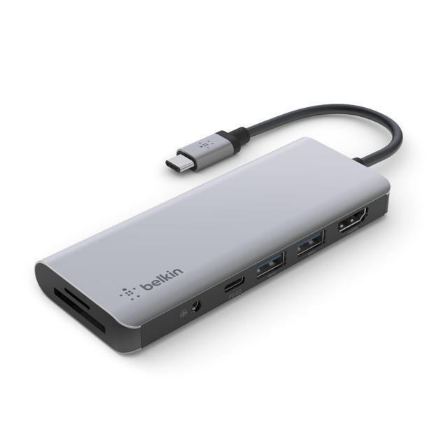 Belkin USB-C 7-in-1 Multiport Hub Adapter | 100W Power Delivery SD 3.0, Micro SD, 3.5 Audio, USB-C, 2x USB-A, 4K HDMI works with Apple Macbook Pro, Mac Mini, USB-C Laptops & Tablets - SW1hZ2U6MzU5NzAw