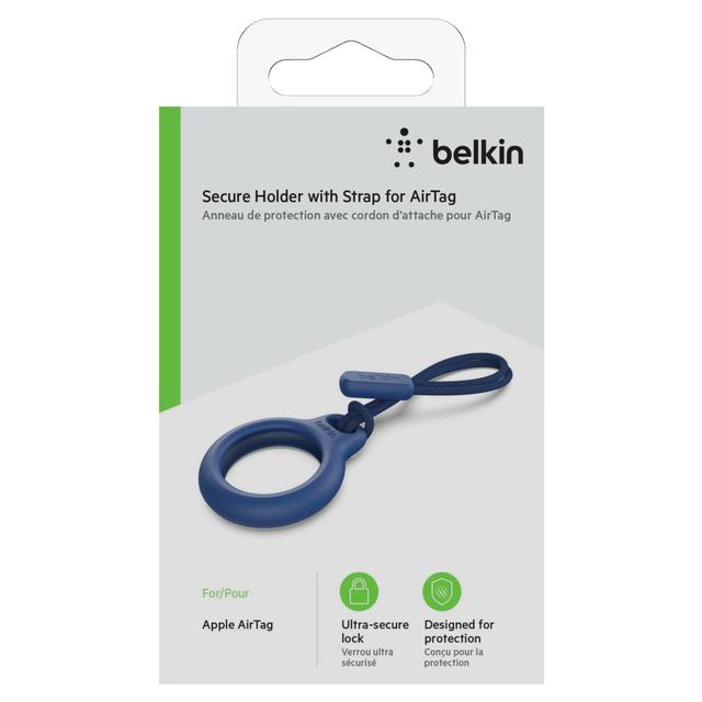 Belkin Apple AirTag Secure Holder w/ Strap | Twist and Lock Design, Scratch Prototection for Apple AirTag | Stylish Leather Strap Easily Loops to Bags, Purse, Kids - Blue - SW1hZ2U6MzU5NzYw