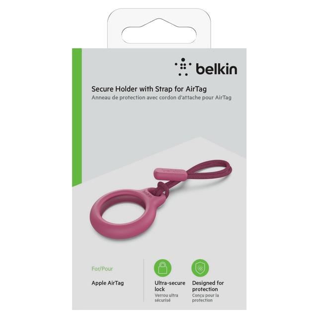 Belkin Apple AirTag Secure Holder w/ Strap | Twist and Lock Design, Scratch Prototection for Apple AirTag | Stylish Leather Strap Easily Loops to Bags, Purse, Kids - Pink - SW1hZ2U6MzU5NzY3