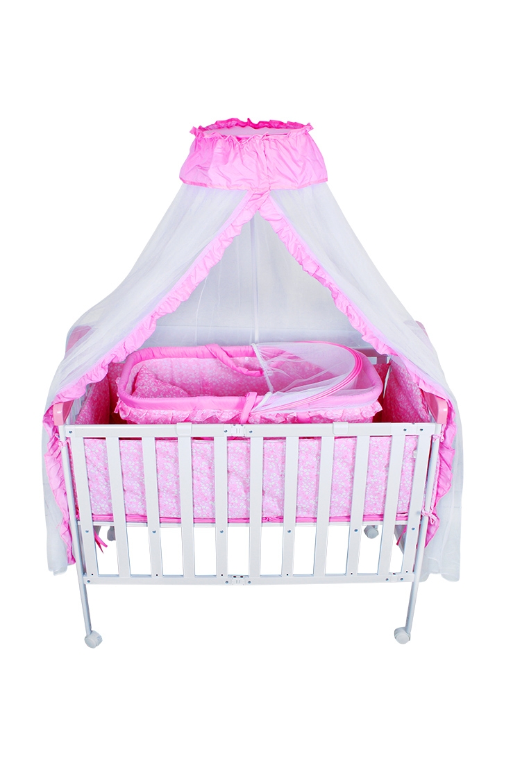 سرير للأطفال زهري مع ناموسية Wooden Bed With Cradle And Mosquito Net - Baby Plus - 1}