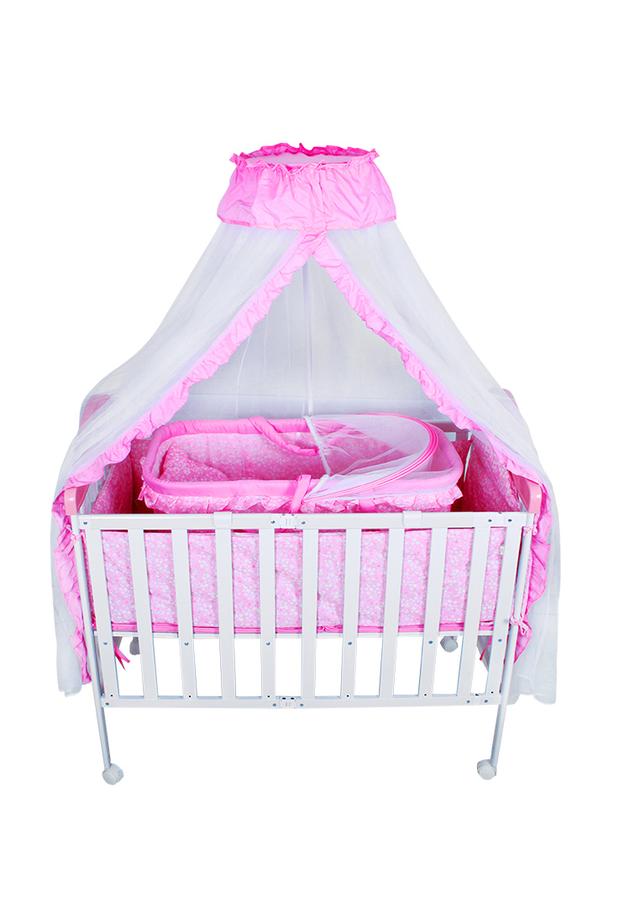 سرير للأطفال زهري مع ناموسية Wooden Bed With Cradle And Mosquito Net - Baby Plus - SW1hZ2U6NDIyMzI5