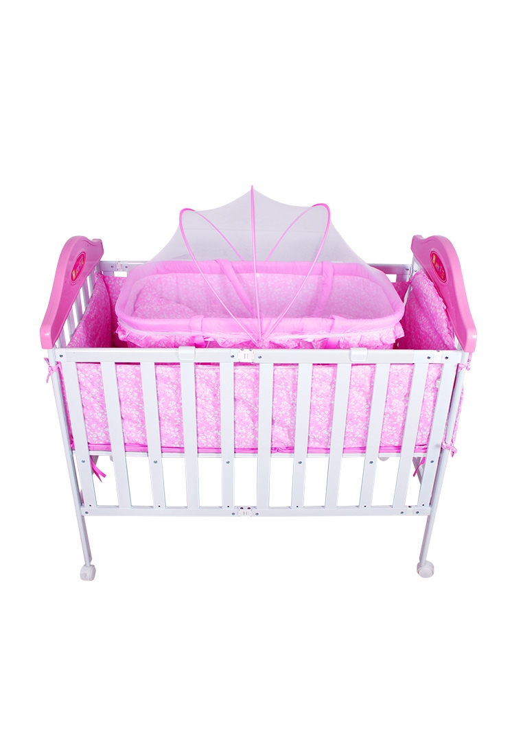 سرير للأطفال زهري مع ناموسية Wooden Bed With Cradle And Mosquito Net - Baby Plus - 2}