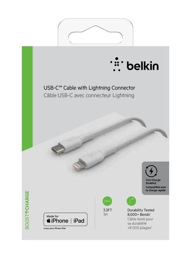 كيبل شحن من USB-C إلى Lightning - أبيض - 1 متر - BOOST CHARGE USB-C to Lightning Cable 3Ft/1m - Fast Charging MFI cable for Apple iPhone 12/11 Pro Max/12/11 Pro/12 Mini/12/11/XR/XS/X Max/8/8 Plus iPad/iPad Mini - White - SW1hZ2U6MzYwMDE3