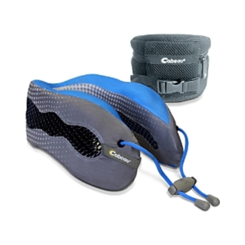 وسادة رقبة قابلة للتعديل مع حقيبة اسفنجية - رمادي وأزرق Memory Foam Evolution Travel Pillow - Stitches and Mini Grey Dots - Cabeau