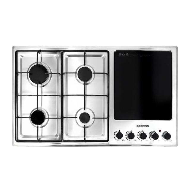Geepas Stainless Steel Built-In Gas Electric Hot Plate Hob, GGC31036 | 4 Burners & 1 Hot Plate | LPG Gas Type & Auto Ignition System | Metal Knob | Cast Iron Pan Support - SW1hZ2U6NDI5MTE0