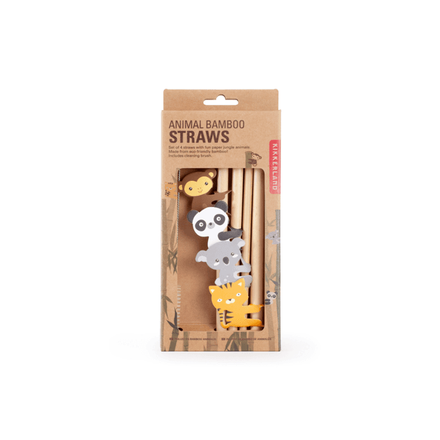 Kikkerland Wooden Animal Bamboo Straws - Organic Eco Friendly Washable and Reusable Straws, Chemical-Free and BPA-Free, with 1x Brush Cleaner - Set of 4 - SW1hZ2U6MzYxMjUz