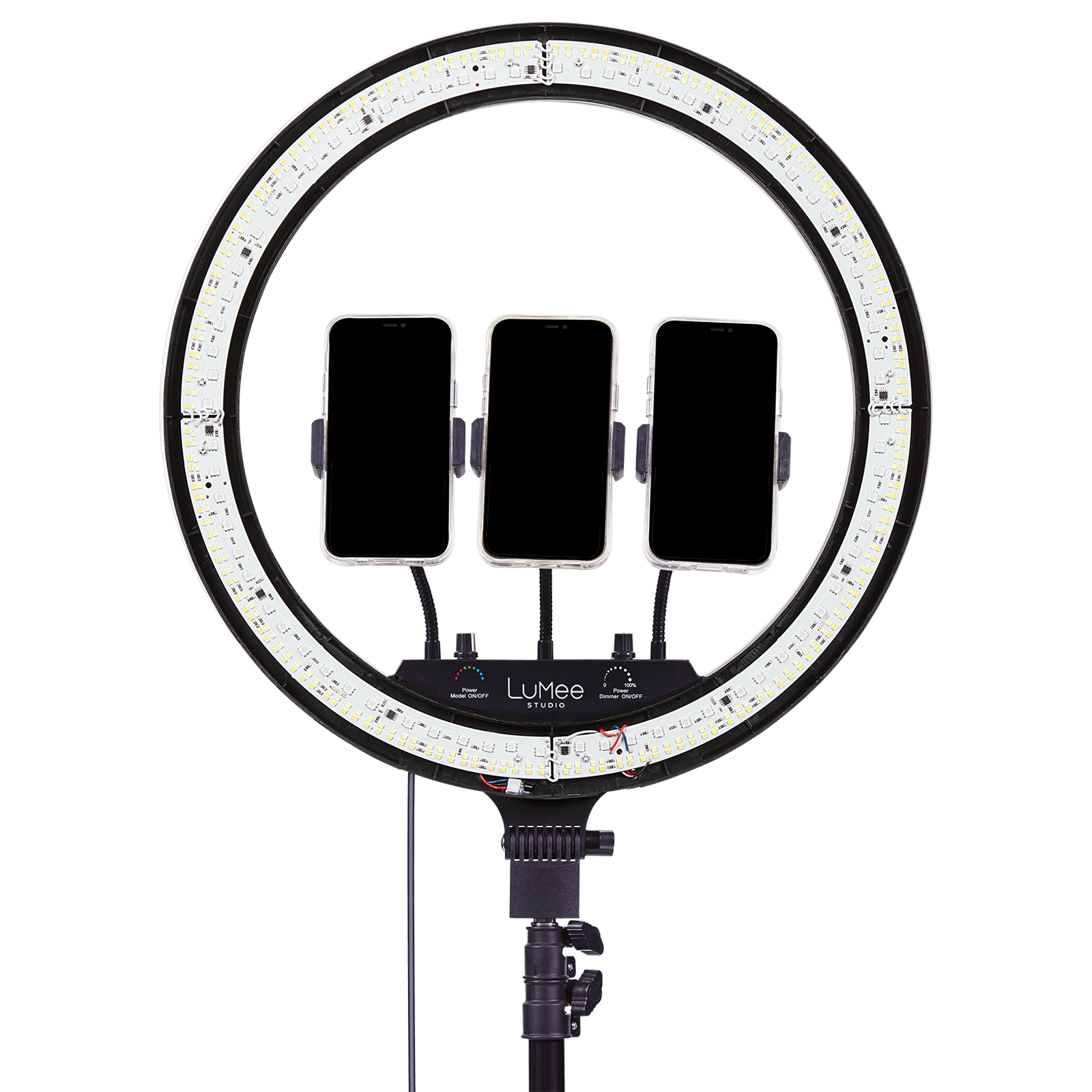 رينغ لايت بإضائة RGB مع ستاند ترايبود و ثلاث حمالات للهاتف قياس 18 إنش 18inches RGB Ring Light Selfie Ring Light Metal Tripod Stand Included - LuMee