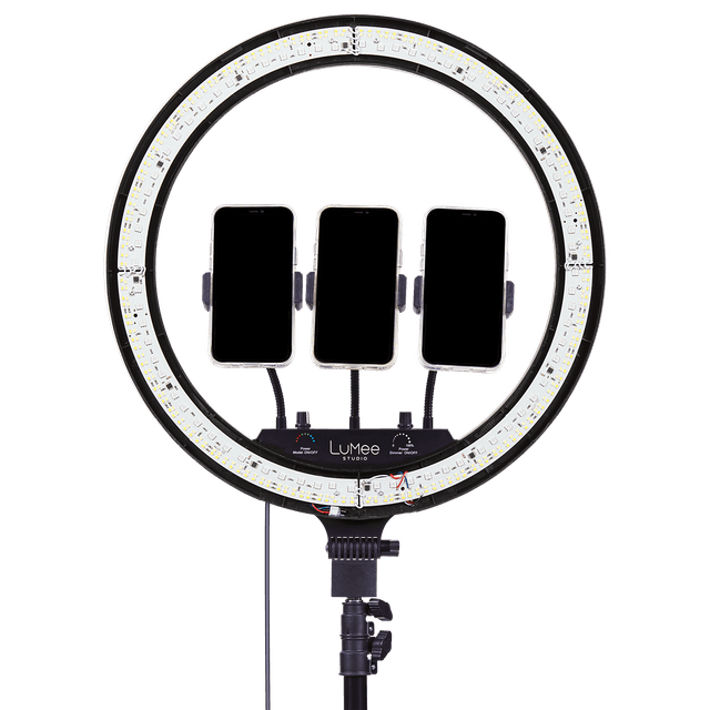 LuMee Studio 18" RGB Ring Light | Universal LED Lighting solution, Selfie Ring Light, 3 Light Modes, 3x Device Holders, Metal Tripod Stand Included, Manual or Bluetooth Operated - Black - SW1hZ2U6MzYxNDkx