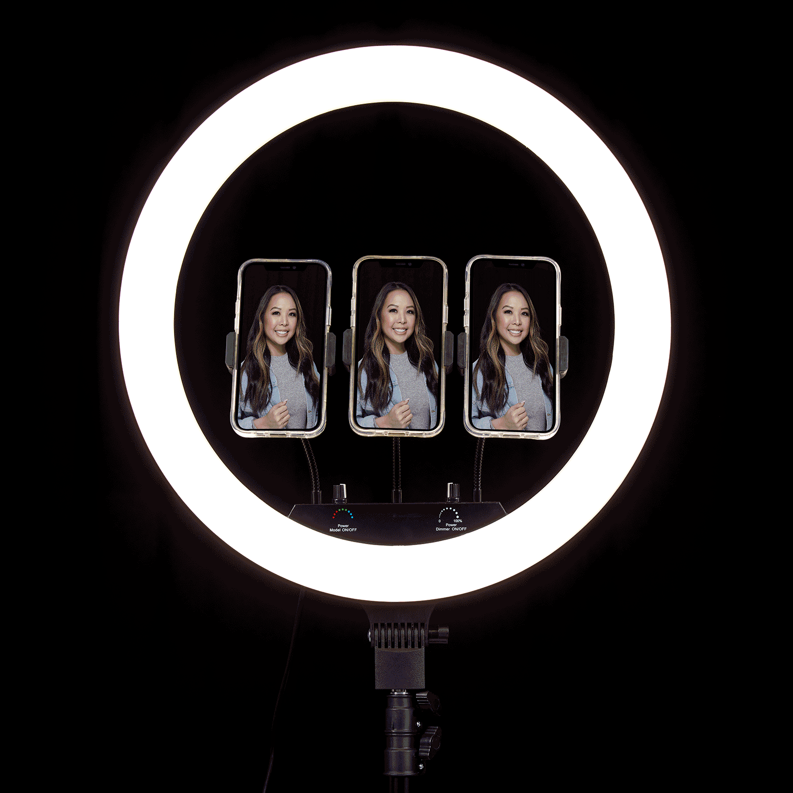 رينغ لايت بإضائة RGB مع ستاند ترايبود و ثلاث حمالات للهاتف قياس 18 إنش 18inches RGB Ring Light Selfie Ring Light Metal Tripod Stand Included - LuMee - SW1hZ2U6MzYxNDk1
