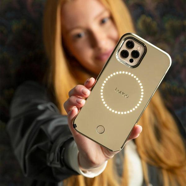Lumee Halo Selfie Case for Apple iPhone 13 Pro Max - Studio-Like Front & Back Light w/ Variable Dimmer & Micropel AntiBacterial Protection Wireless Pass-Through Charging - Gold Mirror - SW1hZ2U6MzYxNTE2