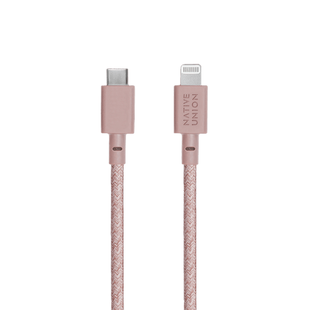Native Union BELT USB-C to LIGHTNING Cable 10Ft - Braided Nylon PD Cable, w/ Leather Strap, for Apple iPhone 12/Pro/Max, 11/Pro/Max, XS/XR/X/Max, 8/8 Plus, iPad/iPad Air - Rose - SW1hZ2U6MzYyMTYy