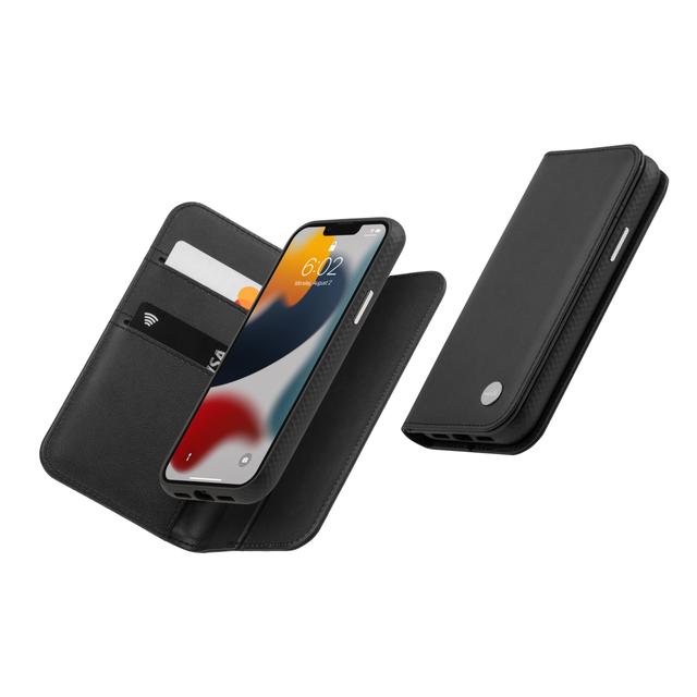 Moshi OVERTURE Apple iPhone 13 Pro Case - Leather Folio w/ AntiMicrobial Surface, Detachable Magnetic Wallet, Drop Protection, 2x Card Slots, SnapTo System Wireless Charging Compatible - Black - SW1hZ2U6MzYyNjE5