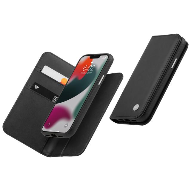 Moshi OVERTURE Apple iPhone 13 Pro Max Case - Leather Folio w/ AntiMicrobial Surface, Detachable Magnetic Wallet, Drop Protection, 2x Card Slots, SnapTo System Wireless Charging Compatible - Black - SW1hZ2U6MzYyNjMz