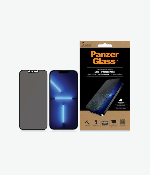 PANZERGLASS iPhone 13 Pro Max - Edge-to-Edge Black Frame w/ Anti-Microbial Screen Protector - Privacy - SW1hZ2U6MzYyODU2