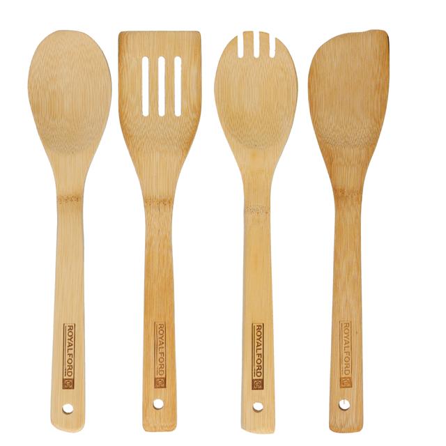طقم أدوات مطبخ خشبي 4 قطع Royalford - 4 Pieces Carbonized Bamboo Kitchen Tools Spoon - SW1hZ2U6NDA1MTk1