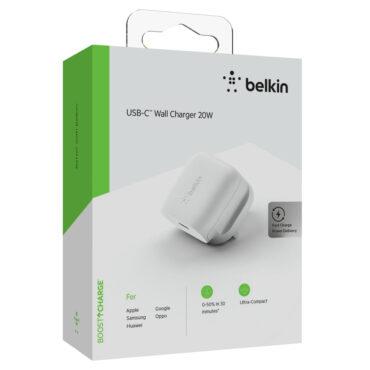 شاحن باستطاعة 20 واط - أبيض -  BOOST CHARGE 20W USB-C PD Wall Charger - for Apple iPhone 12/11 Pro Max/12/11 Pro/12 Mini/XR/XS Max/8/8 Plus, iPad & other USB-C Devices - Belkin