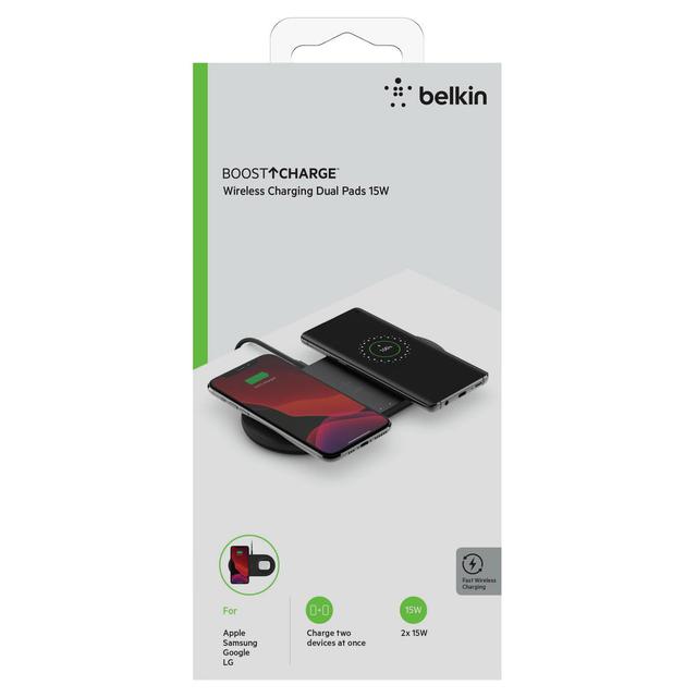 Belkin BOOST CHARGE 15W Dual Wireless Charging Pads - for Apple iPhone 12/11 Pro Max/12/11 Pro/12/11/12 Mini/XR/XS/X Max/8/8 Plus AirPods/Airpods Pro Wireless Charging & Qi Enabled Devices - Black - SW1hZ2U6MzYzNTM1