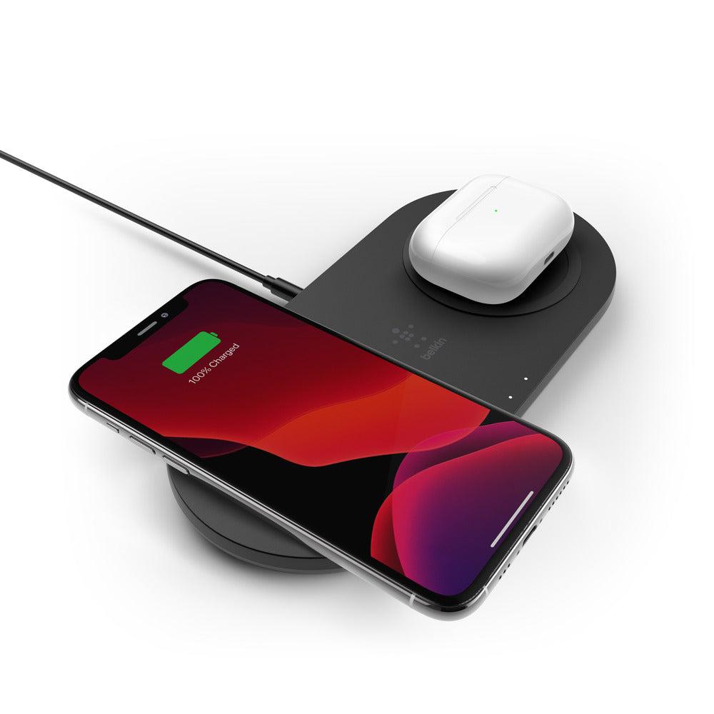 شاحن لاسلكي مزدوج 2 ب 15 - 1 واط - أسود -  BOOST CHARGE 15W Dual Wireless Charging Pads - for Apple iPhone  AirPods Wireless Charging & Qi Enabled Devices - Belkin