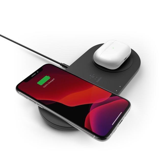 Belkin BOOST CHARGE 15W Dual Wireless Charging Pads - for Apple iPhone 12/11 Pro Max/12/11 Pro/12/11/12 Mini/XR/XS/X Max/8/8 Plus AirPods/Airpods Pro Wireless Charging & Qi Enabled Devices - Black - SW1hZ2U6MzYzNTMx