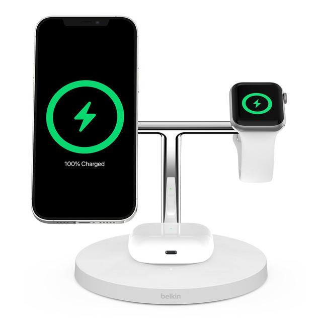 Belkin BOOST CHARGE PRO 3-IN-1 Wireless Charger Stand with MagSafe - for Apple iPhone 12 Pro Max/12 Pro/12/12 Mini, Apple Watch Series SE/6/5/4/3/2/1 & AirPods/Airpods Pro - White - SW1hZ2U6MzYzNTQ3