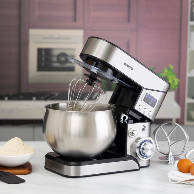 Geepas Digital Multi-Function Kitchen Machine, GSM43046 | 6 Speed Control | Kitchen Electric Mixer with Dough Hook, Whisk, Beater | 5L Stainless Steel Bowl with Lid | 1300W Powerful Motor - SW1hZ2U6NDU1MjAx