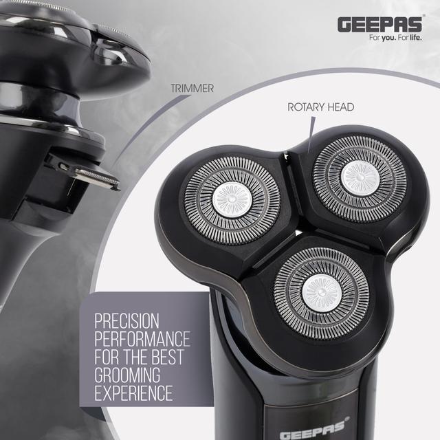 Geepas Rechargeable Men's Shaver With Rotary Head, GSR57501 | Li-Ion Battery | LED Display | USB Charging | Waterproof | 60-80 Mins Working | Travel Lock | Pop-Up Trimmer - SW1hZ2U6NDQ4OTEz