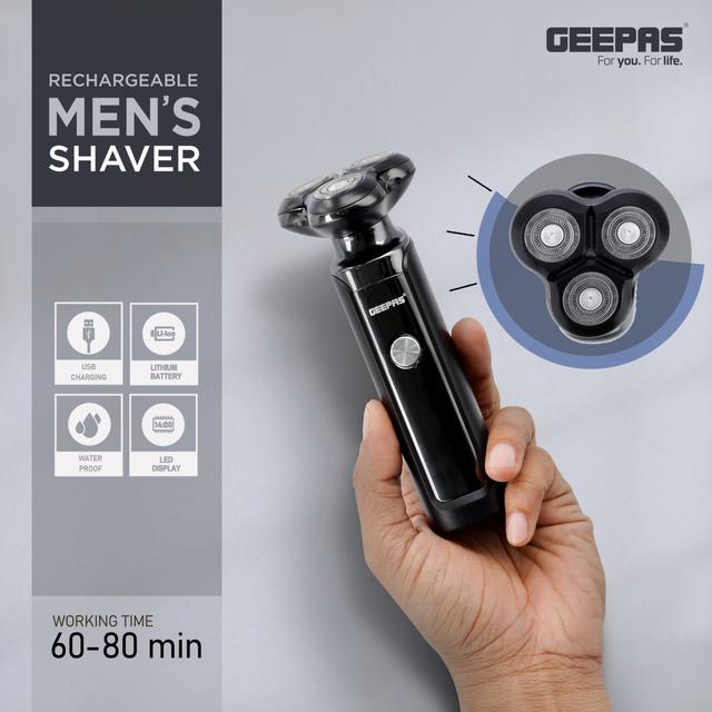 Geepas Rechargeable Men's Shaver With Rotary Head, GSR57501 | Li-Ion Battery | LED Display | USB Charging | Waterproof | 60-80 Mins Working | Travel Lock | Pop-Up Trimmer - SW1hZ2U6NDQ4OTEx