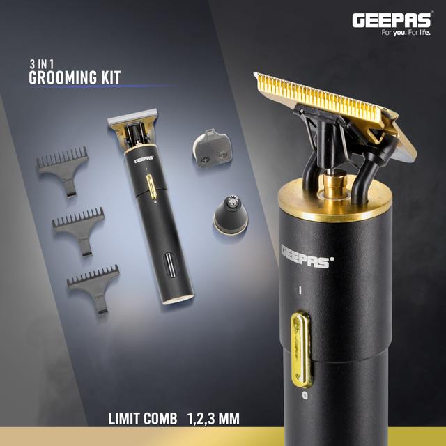 Geepas 3-In-1 Grooming Kit, Rechargeable Trimmer, T-Blade, Nose Trimmer And Carver Blade 1300mah Lithium Battery 180 Minutes Working Time - SW1hZ2U6NDM4NTk4