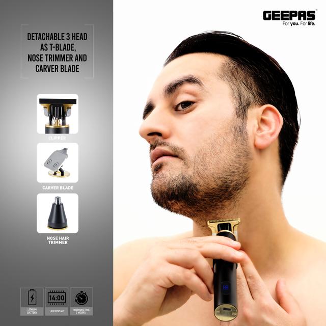 Geepas 3-In-1 Grooming Kit, Rechargeable Trimmer, T-Blade, Nose Trimmer And Carver Blade 1300mah Lithium Battery 180 Minutes Working Time - SW1hZ2U6NDM4NjAw