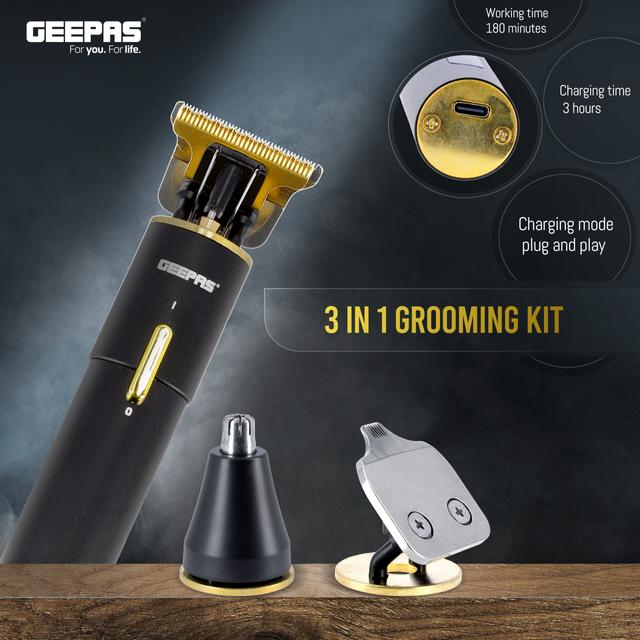Geepas 3-In-1 Grooming Kit, Rechargeable Trimmer, T-Blade, Nose Trimmer And Carver Blade 1300mah Lithium Battery 180 Minutes Working Time - SW1hZ2U6NDM4NjAy