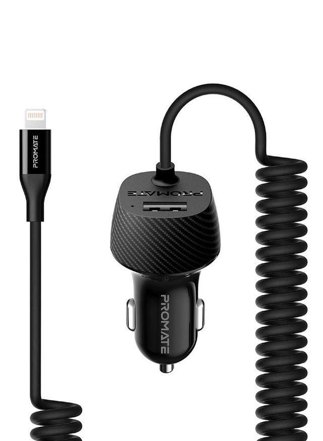 promate Premium Carbon Fibre 3.4A Car Charger with Built-In Connector Coiled Cable and 2.4A Ultra-Fast USB Charging Port, Short-Circuit Protection for Smartphones, Tablets, GPS, VolTrip-i Black - SW1hZ2U6NTE1NDk3