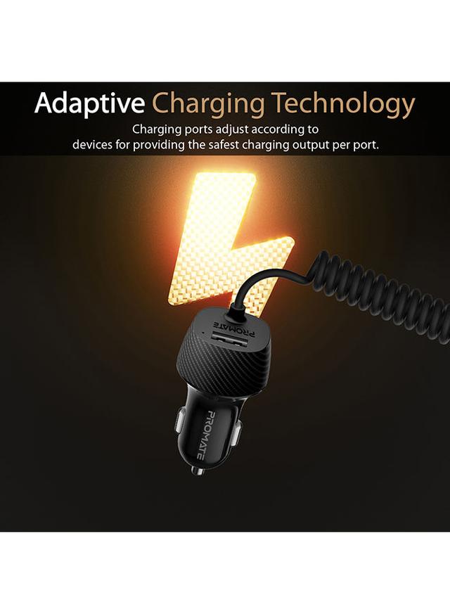 promate Premium Carbon Fibre 3.4A Car Charger with Built-In Connector Coiled Cable and 2.4A Ultra-Fast USB Charging Port, Short-Circuit Protection for Smartphones, Tablets, GPS, VolTrip-i Black - SW1hZ2U6NTE1NTAz
