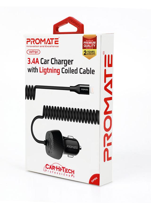 promate Premium Carbon Fibre 3.4A Car Charger with Built-In Connector Coiled Cable and 2.4A Ultra-Fast USB Charging Port, Short-Circuit Protection for Smartphones, Tablets, GPS, VolTrip-i Black - SW1hZ2U6NTE1NTEx