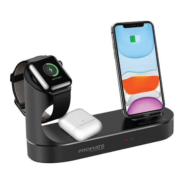 promate Apple Wireless Charging Station, World’s First MFi Certified 18W Power Delivery Charging Dock with 10W Qi Fast Wireless Charging, MFi Apple Watch Charger and 2.4A USB Charging Port for Apple iPhone 12, iPod, iPad, PowerState Black - SW1hZ2U6NTExNDEx