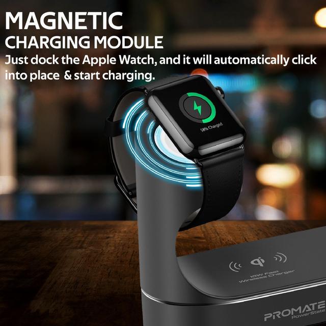 promate Apple Wireless Charging Station, World’s First MFi Certified 18W Power Delivery Charging Dock with 10W Qi Fast Wireless Charging, MFi Apple Watch Charger and 2.4A USB Charging Port for Apple iPhone 12, iPod, iPad, PowerState Black - SW1hZ2U6NTExNDE1