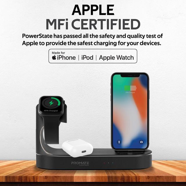 promate Apple Wireless Charging Station, World’s First MFi Certified 18W Power Delivery Charging Dock with 10W Qi Fast Wireless Charging, MFi Apple Watch Charger and 2.4A USB Charging Port for Apple iPhone 12, iPod, iPad, PowerState Black - SW1hZ2U6NTExNDIx