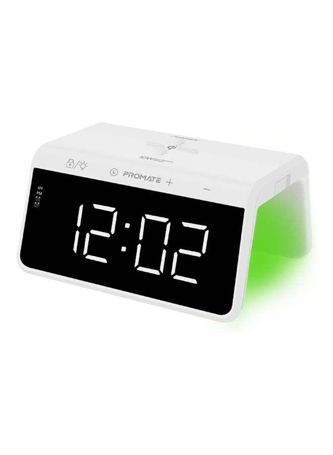 ساعة مع منبه مع شحن لاسلكي Qi 10 واط - أبيض Promate - Digital Alarm Clock With Wireless Charging White