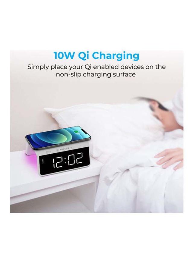 ساعة مع منبه مع شحن لاسلكي Qi 10 واط - أبيض Promate - Digital Alarm Clock With Wireless Charging White - SW1hZ2U6NTE3Mjg1