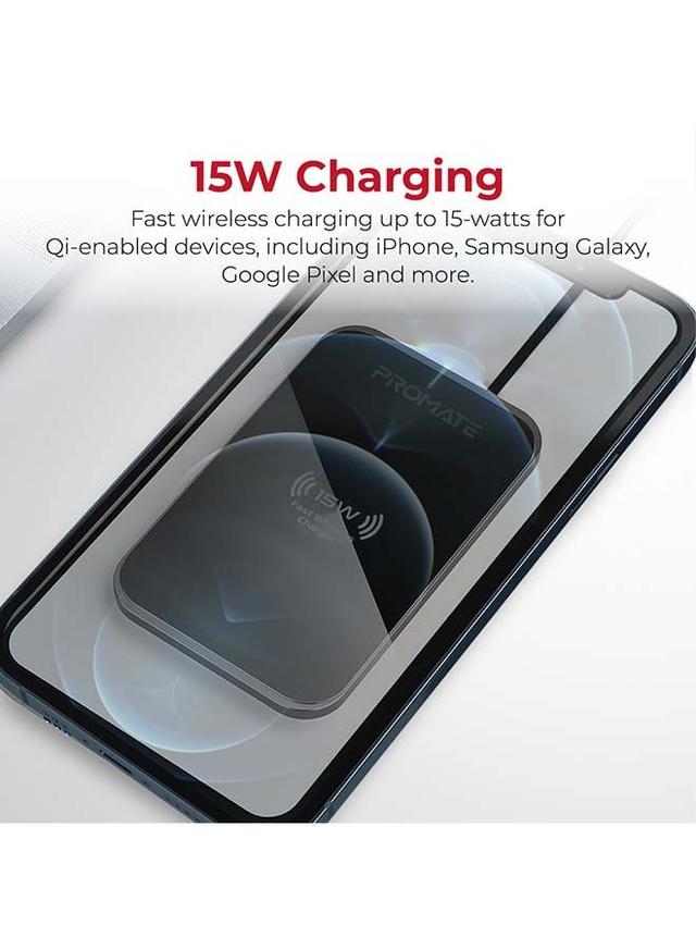 promate Ultra-Slim Mettalic Qi-Certified 15W Fast Wireless Charging Pad For iPhone 12 Pro/AirPods Pro/Galaxy S21 Black - SW1hZ2U6NTE1NjAx